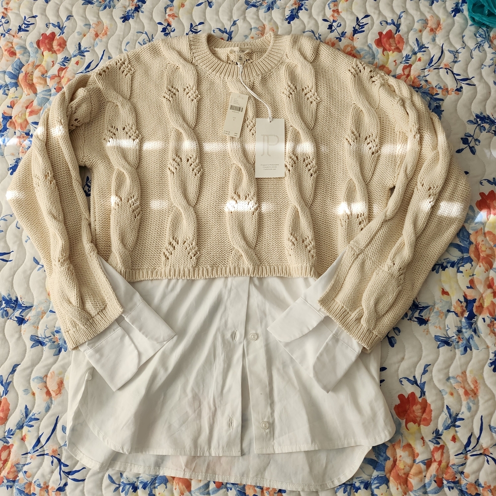 Tan Cable Knit Sweater Over White Shirt